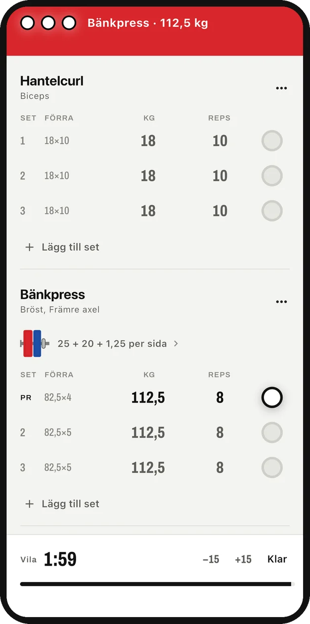 Loggning av hantelcurl och bänkpress med vikter, reps och vilotimer